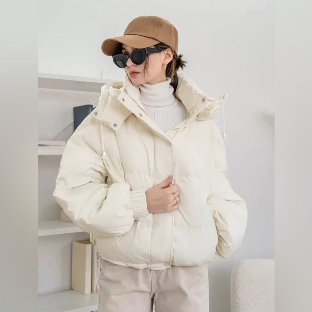 Shein Women's Solid Color Long Sleeve Zipper Collar Casual Hooded puffer Jacket - Picture 2 of 11